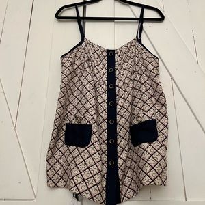 Juicy Couture Silk Top
Size: 10
Color Navy, white, and red with gold buttons